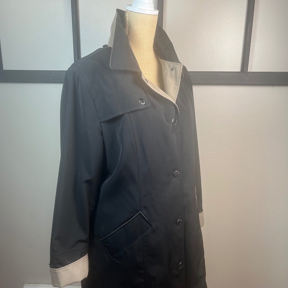 Nautica Womens Black Trench Coat Plaid Lined Tan Collar Cuffs Size L - Picture 1 of 12